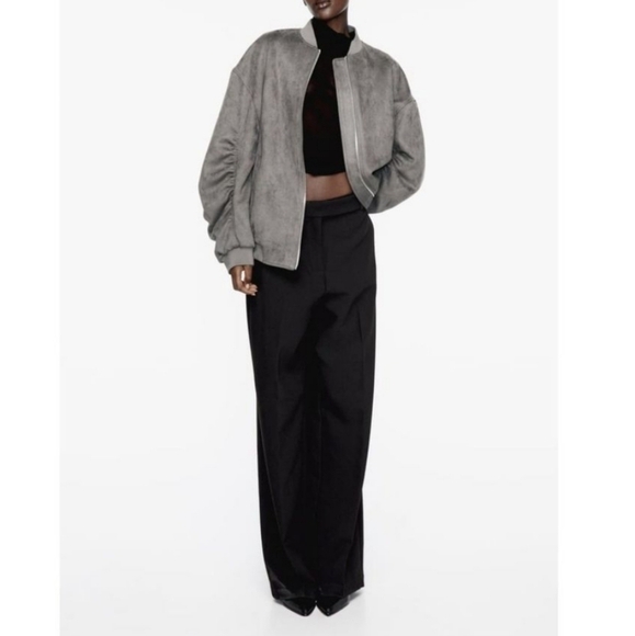New Zara Oversized Suede Gray Bomber Jacket NWT Medium - Picture 3 of 16